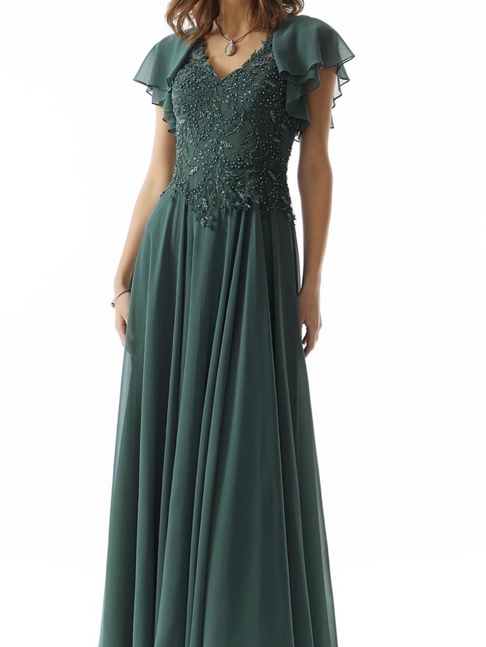 MORILEE NY Embroidered V-Neck Chiffon Gown in Dusty Sage. NWT